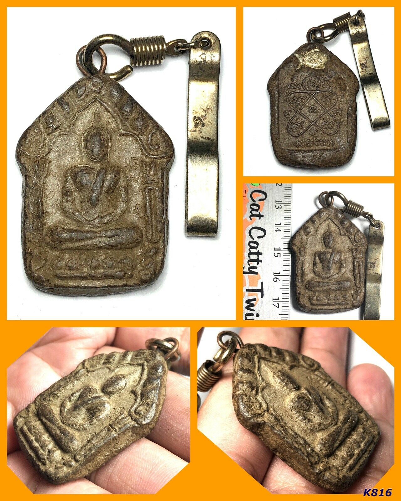 Khun Paen Lp Tim Takrut Gold Fish Talisman Thai Amulet Buddha Charm Old Rare 816