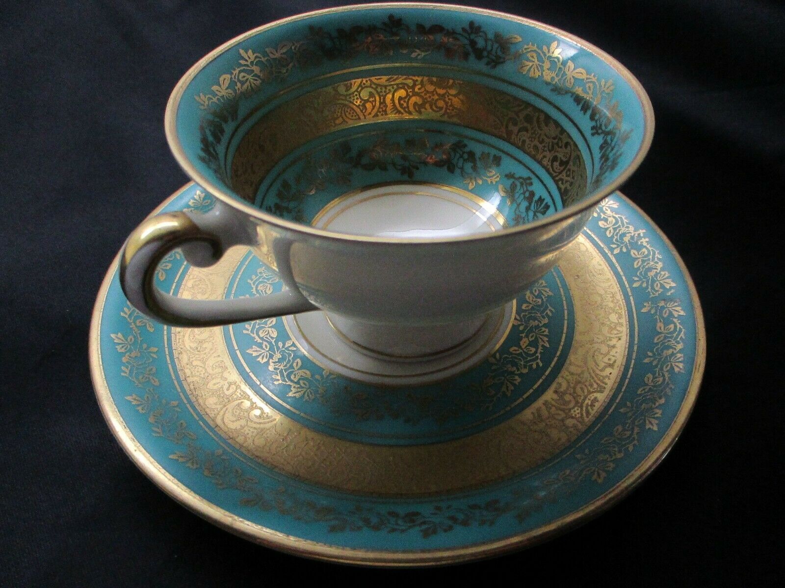 Al-ka Kunst Porcelain Blue / Gold Footed Demitasse Cup & Saucer Vintage Bavarian