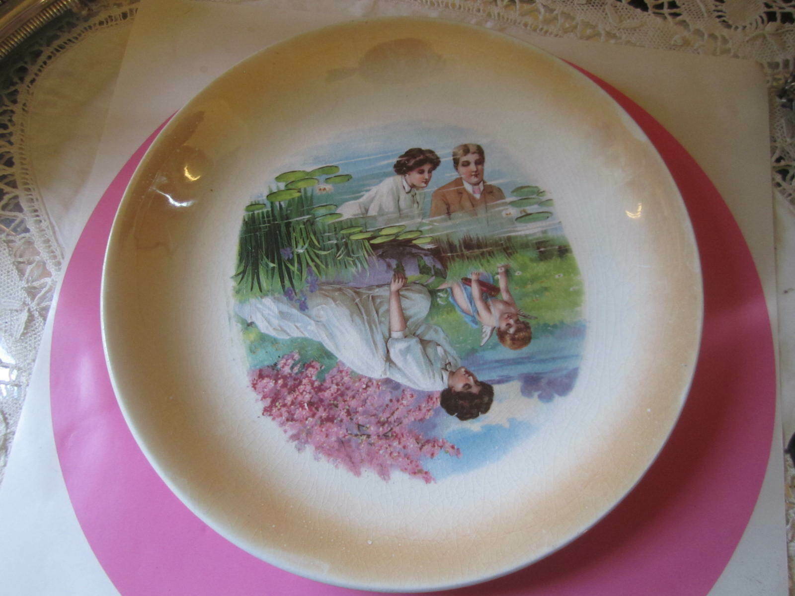 Lovely Lady With Cupid At Pond Decorative Porcelain Plate