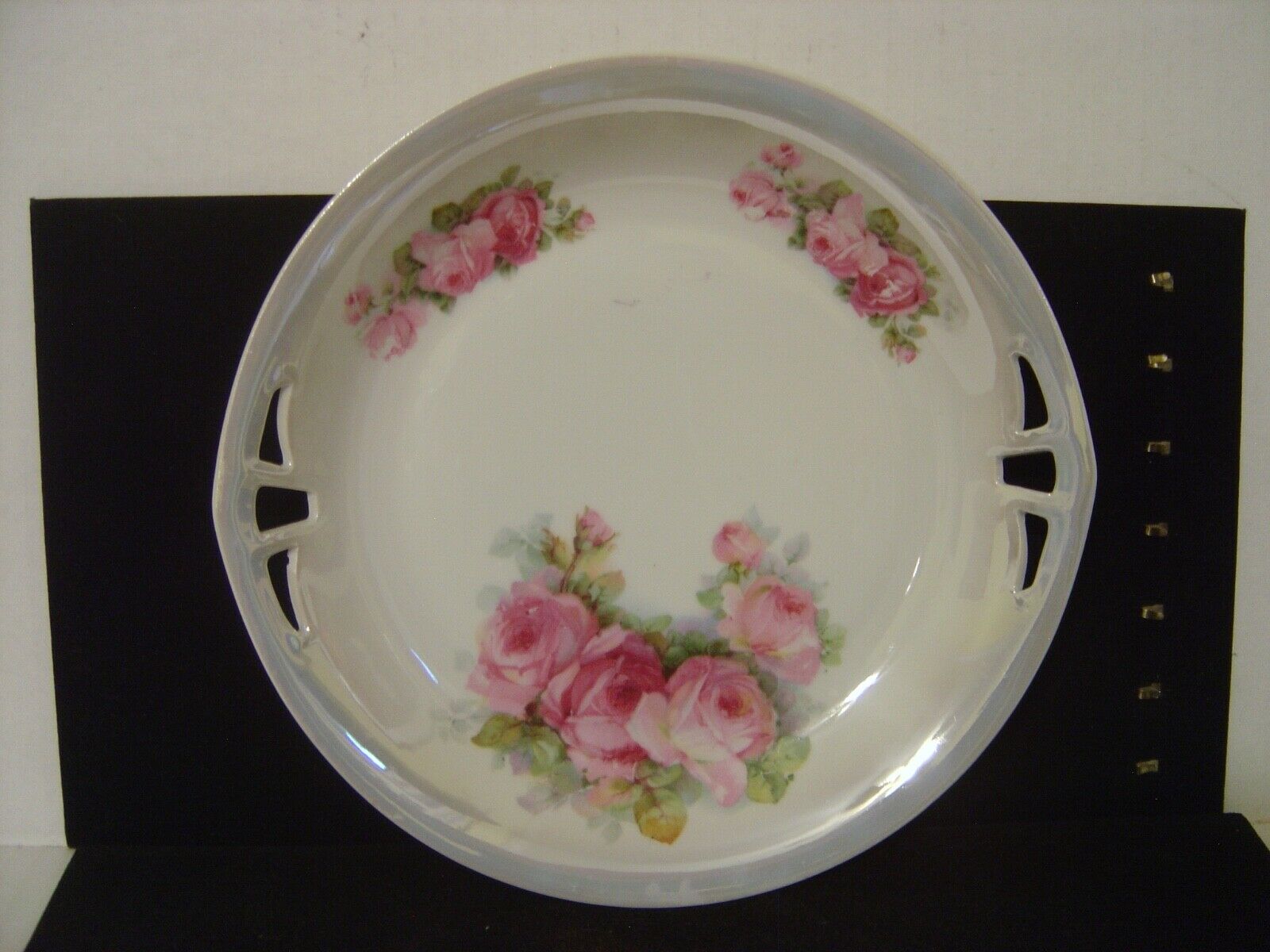 Vintage P K Selesia Luster Plate With Pink Roses And Cut Out Handles 9"
