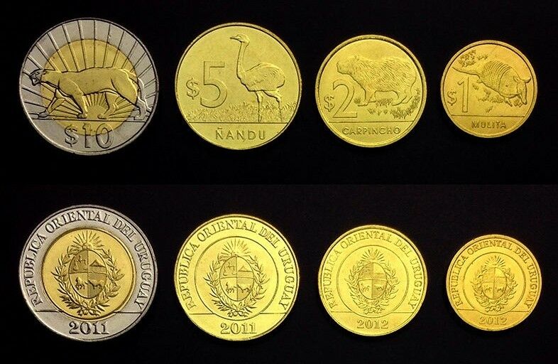 Uruguay Complete Coin Set 1+2+5+10 Pesos 2011-2012 Unc Uncirculated Lot Of 4