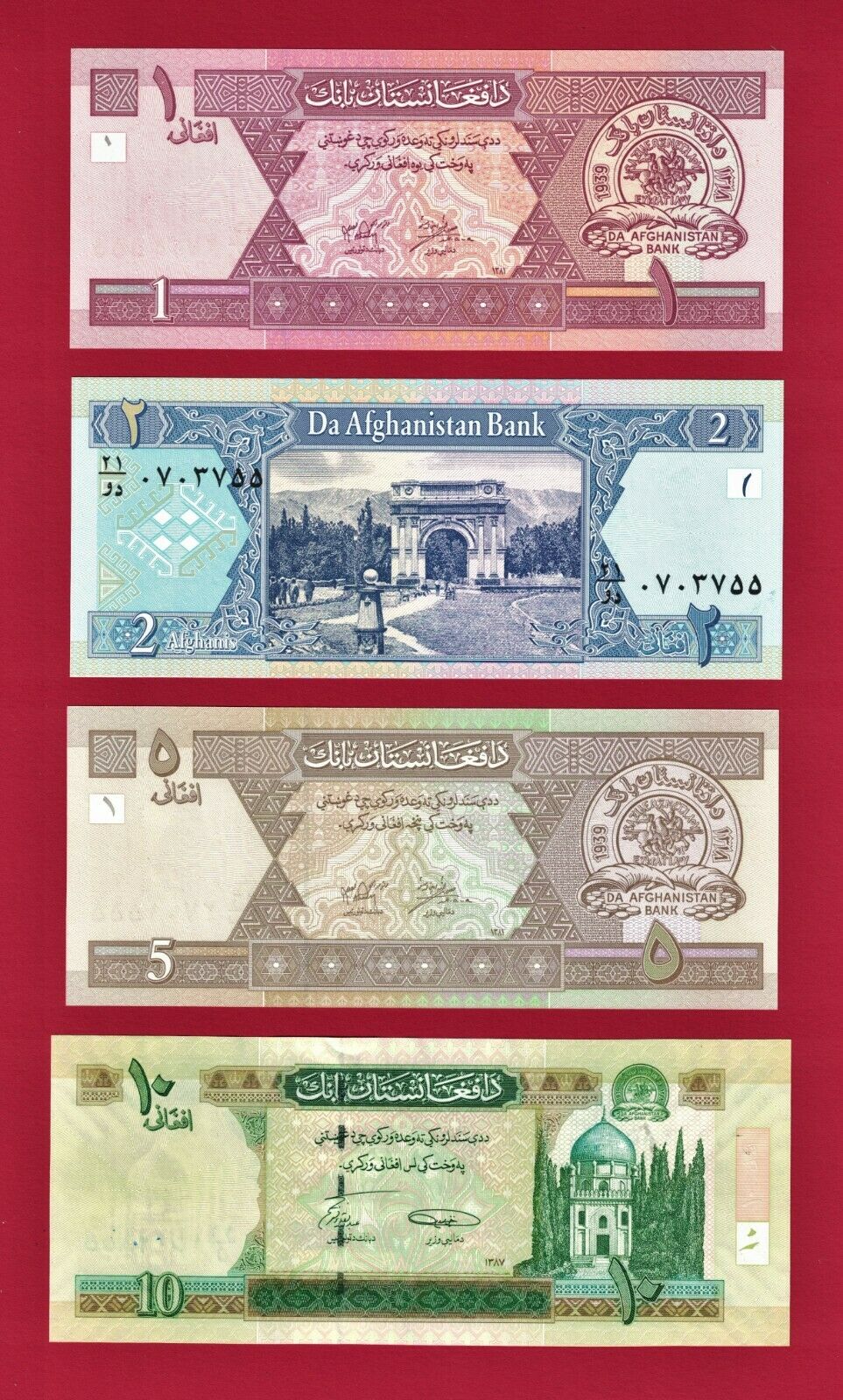Afghanistan Unc 2002 Afghanis Notes 1 (p-64a), 2 (p-65a), 5 (p-66a), 10 (p-67aa)