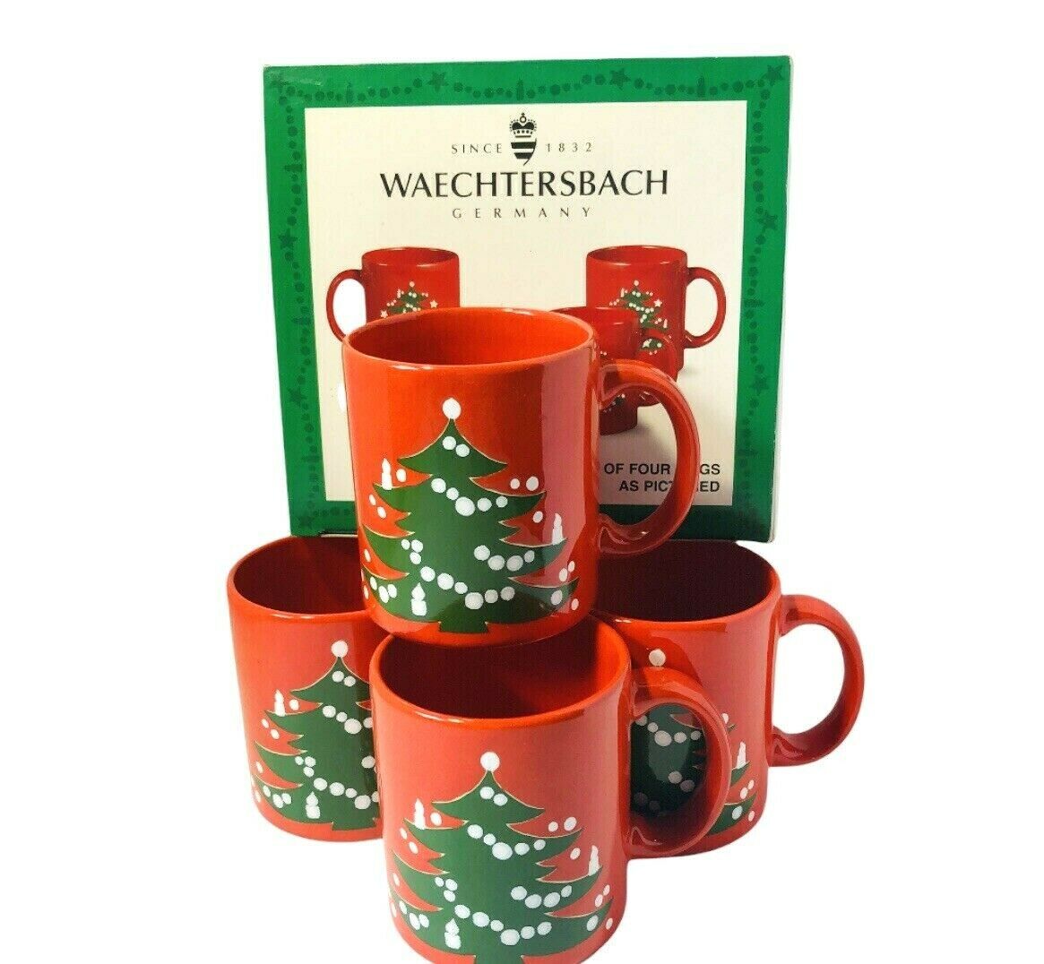 Waechtersbach 4 Christmas Tree 12oz Mugs Red Green Germany Holiday Original Box