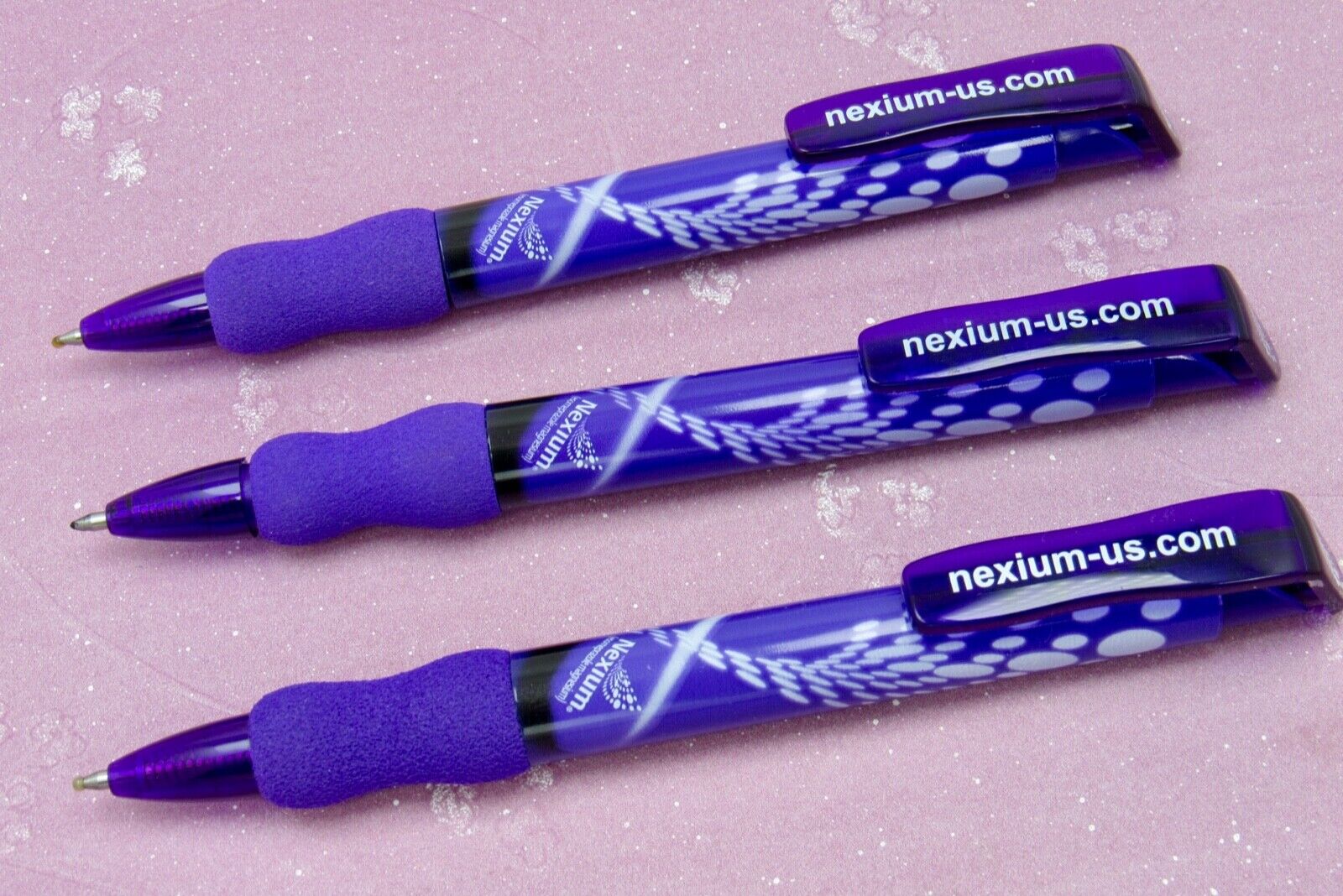 Rare Lot 3 Purple Nexium Drug Rep Pharmaceutical Promo Pens Big Logo Clip