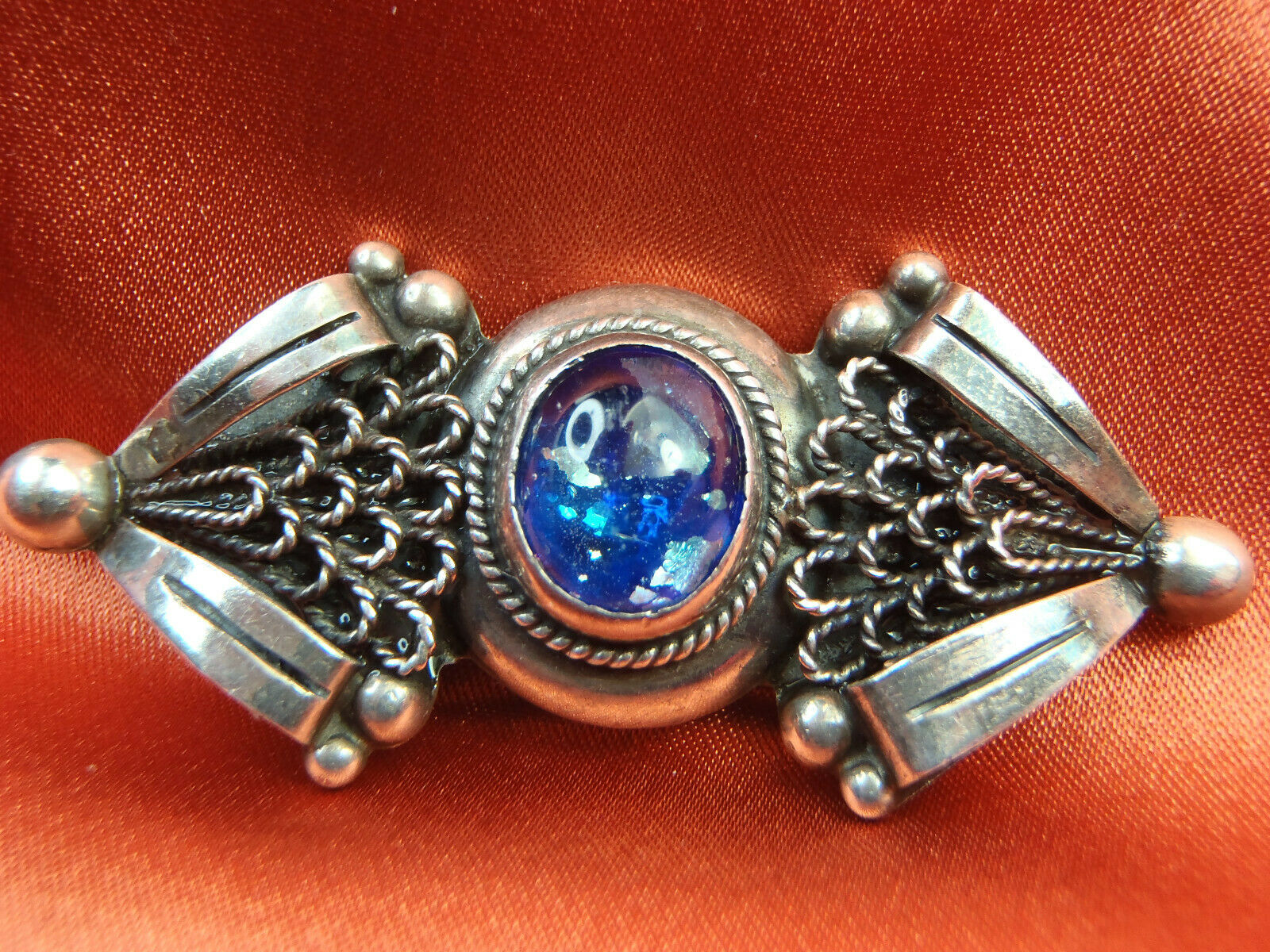 Estate Sterling Silver Blue Stone Brooch Pin 54mm X 23mm 10.4 Grams Mexico Taxco