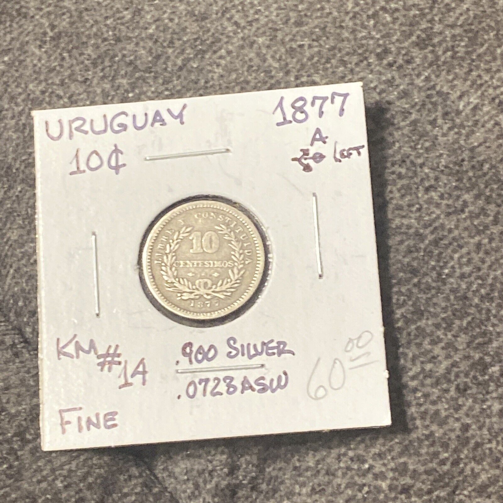 Uruguay - Silver 10 Centesimos - 1877a - Km-14 - Circulated