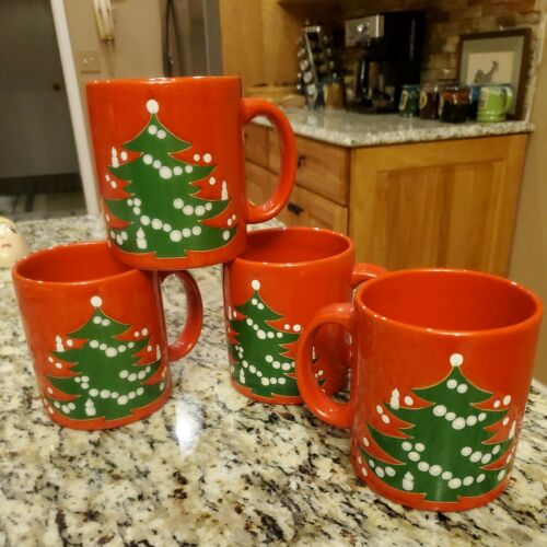 4 Vintage Waechtersbach Christmas Tree Red Mugs Made In W. Germany 12 Oz