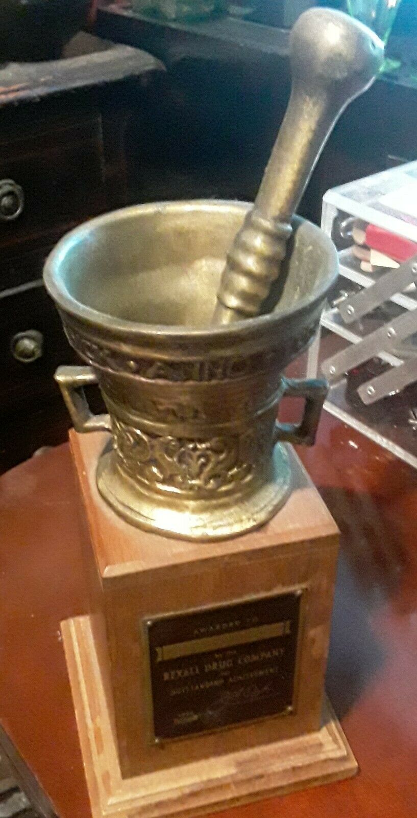 1956 Rexall Drugs Brass Award Trophy Display  Awarded Quinlin's  Bennington Vt