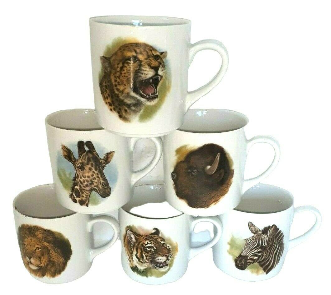 Vintage J.k.w. Bavaria Western Germany Wildlife Coffee Mugs 6-set 10 Oz