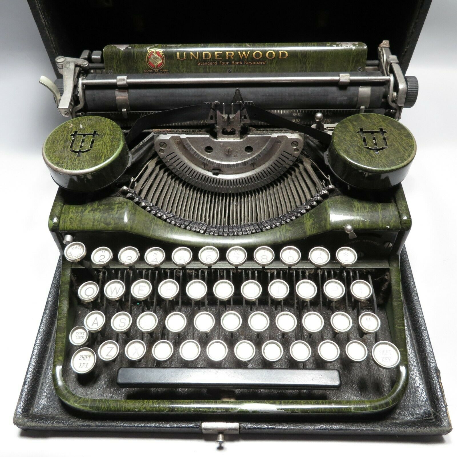 Vtg Underwood Standard Portable Typewriter Green Woodgrain 4 Bank Keyboard As Is