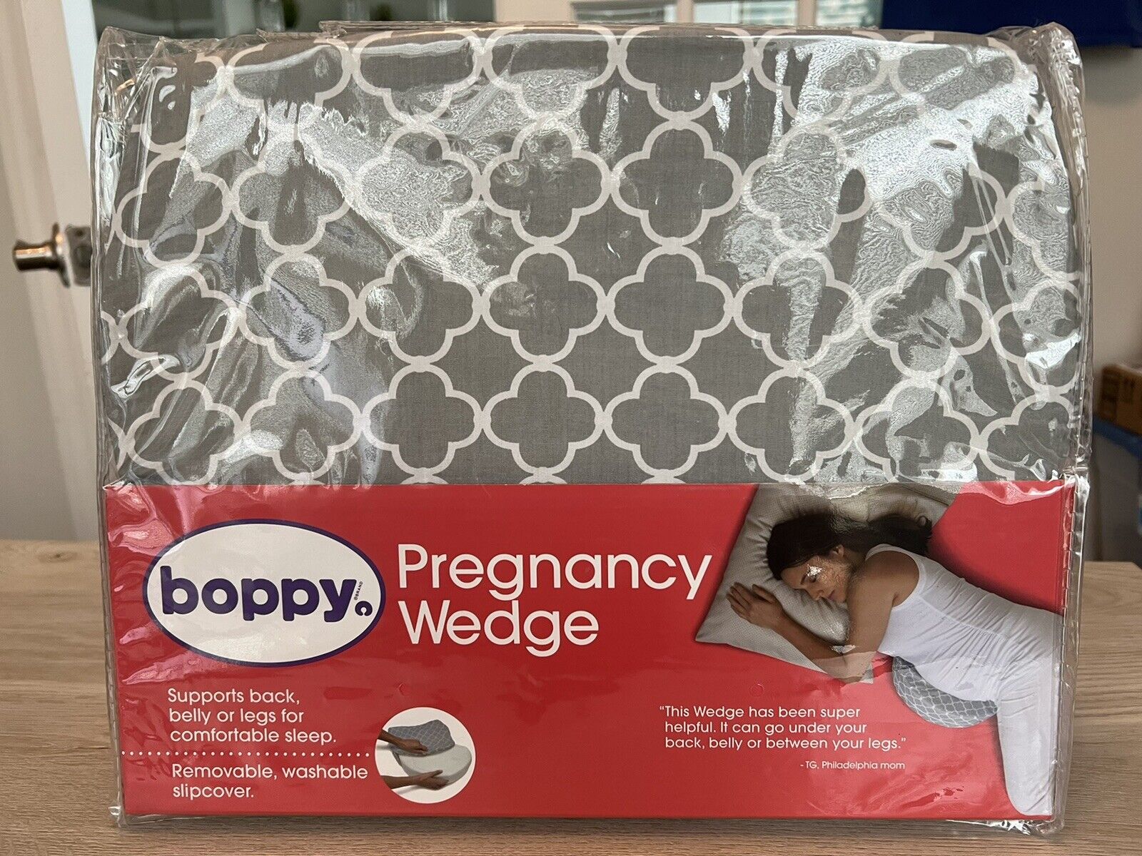 Boppy Pregnancy Wedge Support Pillow Tummy Gray White Trellis Slipcover