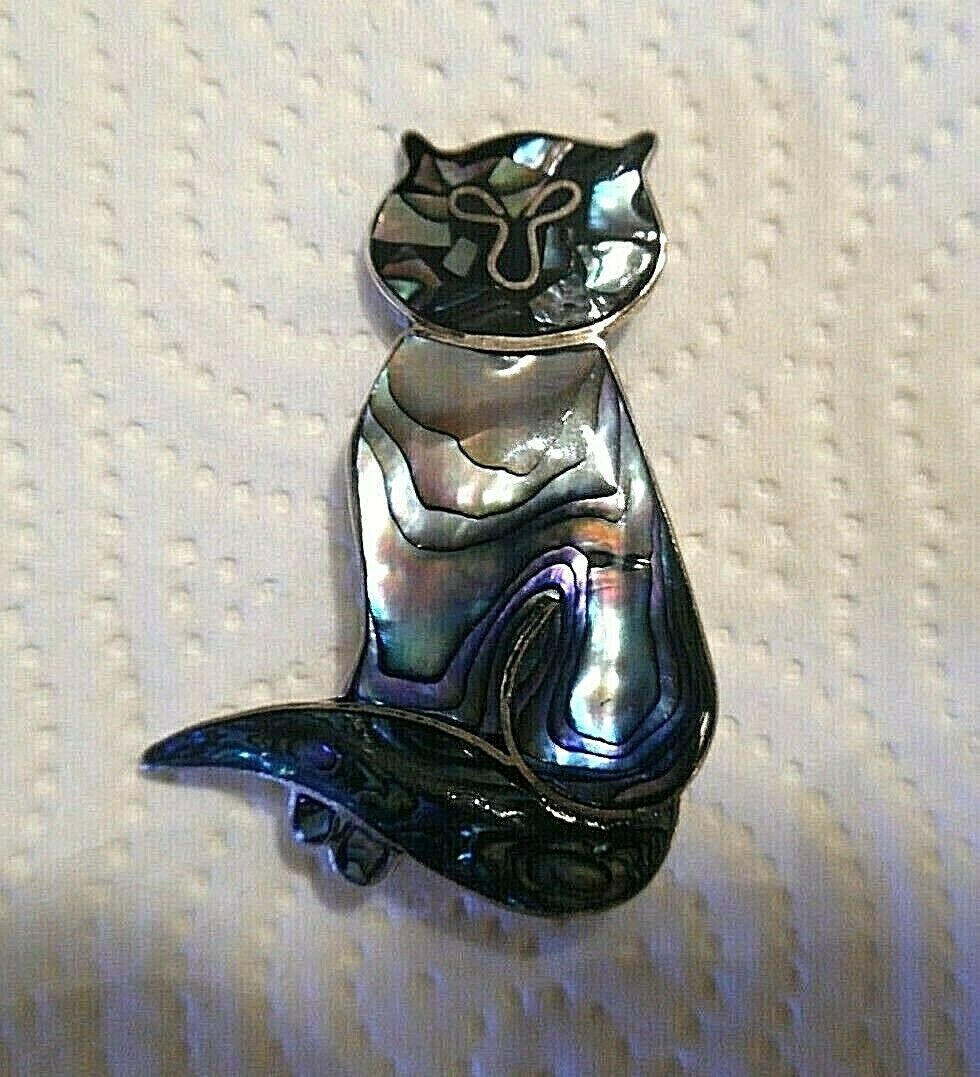 Mexican Taxco .925 Sterling Silver & Abalone Shell Sitting Cat Kitty  Pin