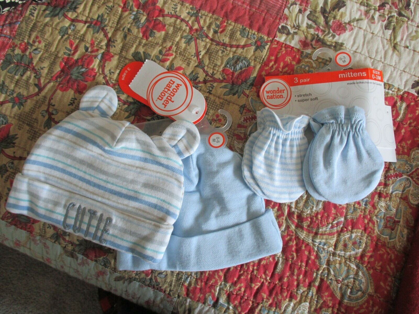 Nwt Wonder Nation 2 Baby Caps/hats, 2 Mittens Newborn 0-6 Month Blue Stripe New