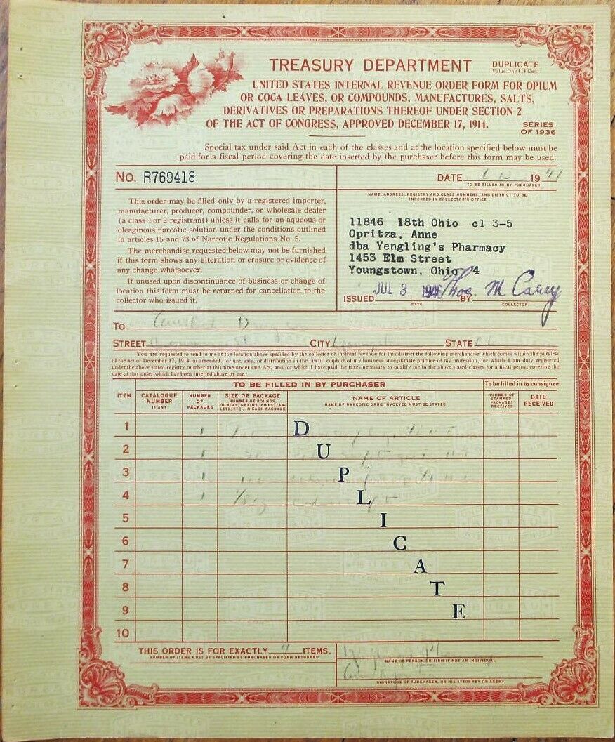 Opium/cocaine/morphine/drug 1946 Us Treasury Department Order Form - Pharmacy