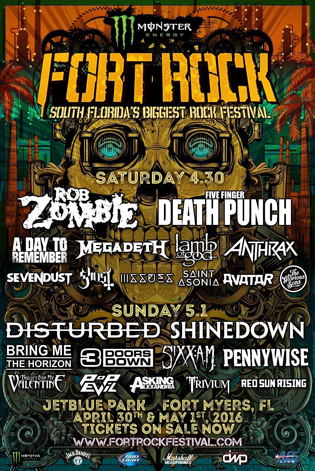 Fort Rock Festival 2016 Fort Myers Concert Tour Poster-rob Zombie,megadeth