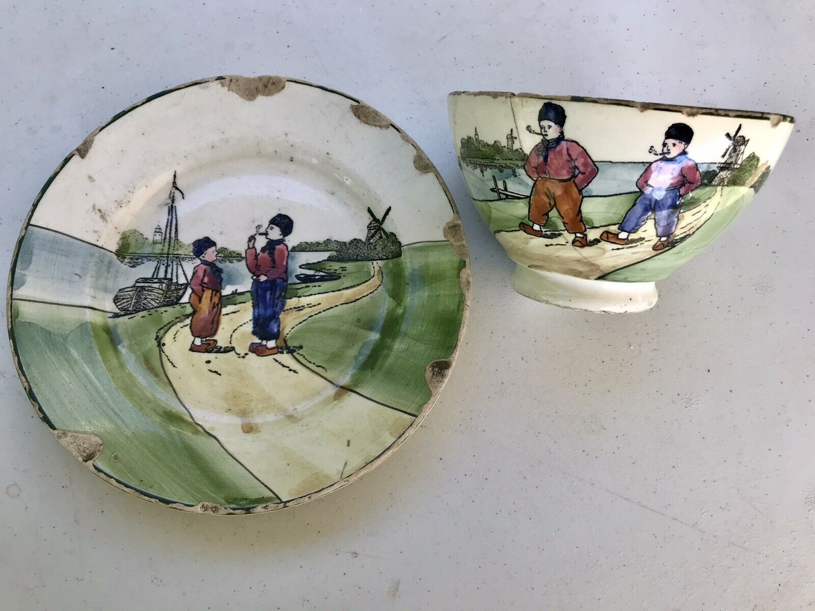 Antique G.s. Zell Germany Hand Painted Dutch Scene Plate & Cup China, 1907–1928