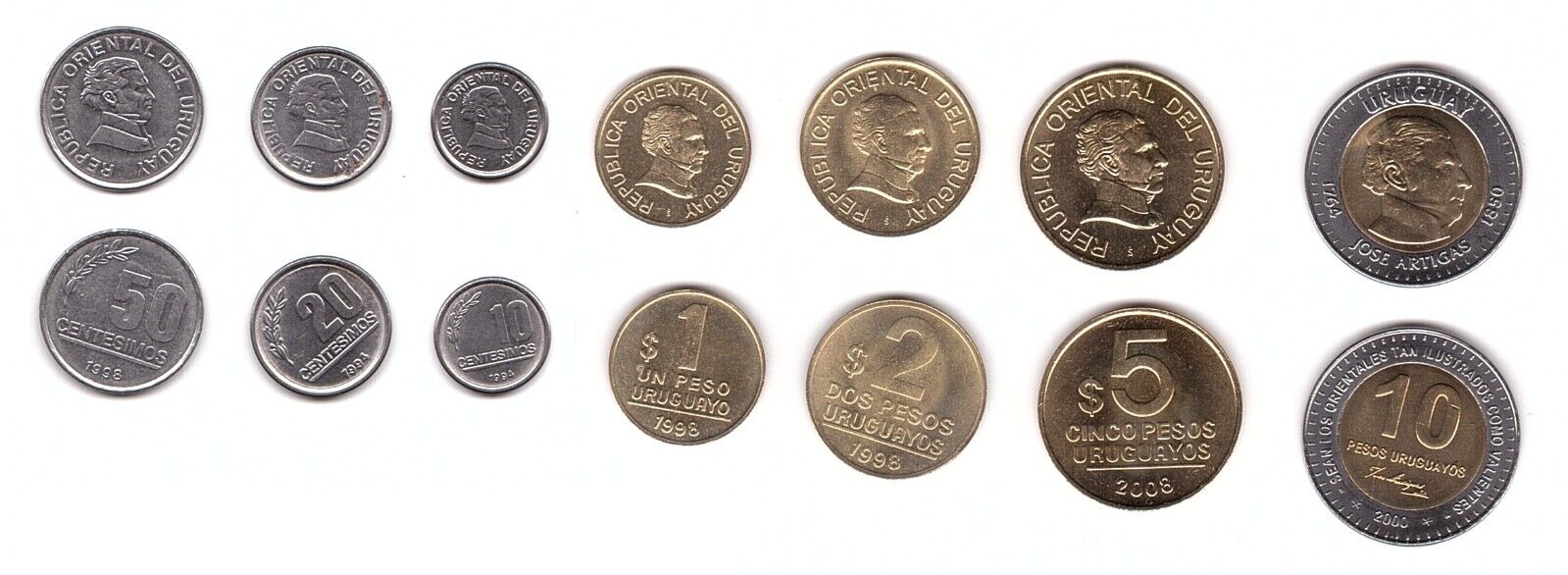 Uruguay - Set 7 Coins 10 20 50 Centesimos 1 2 5 10 Pesos 1994 - 2008 Unc Lemberg
