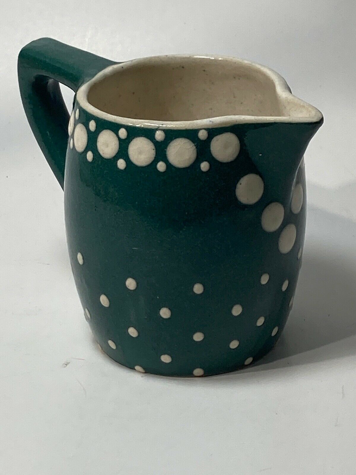 Vintage Germany Green Pottery Creamer #3 4" Tall With White Dots Very Nice
