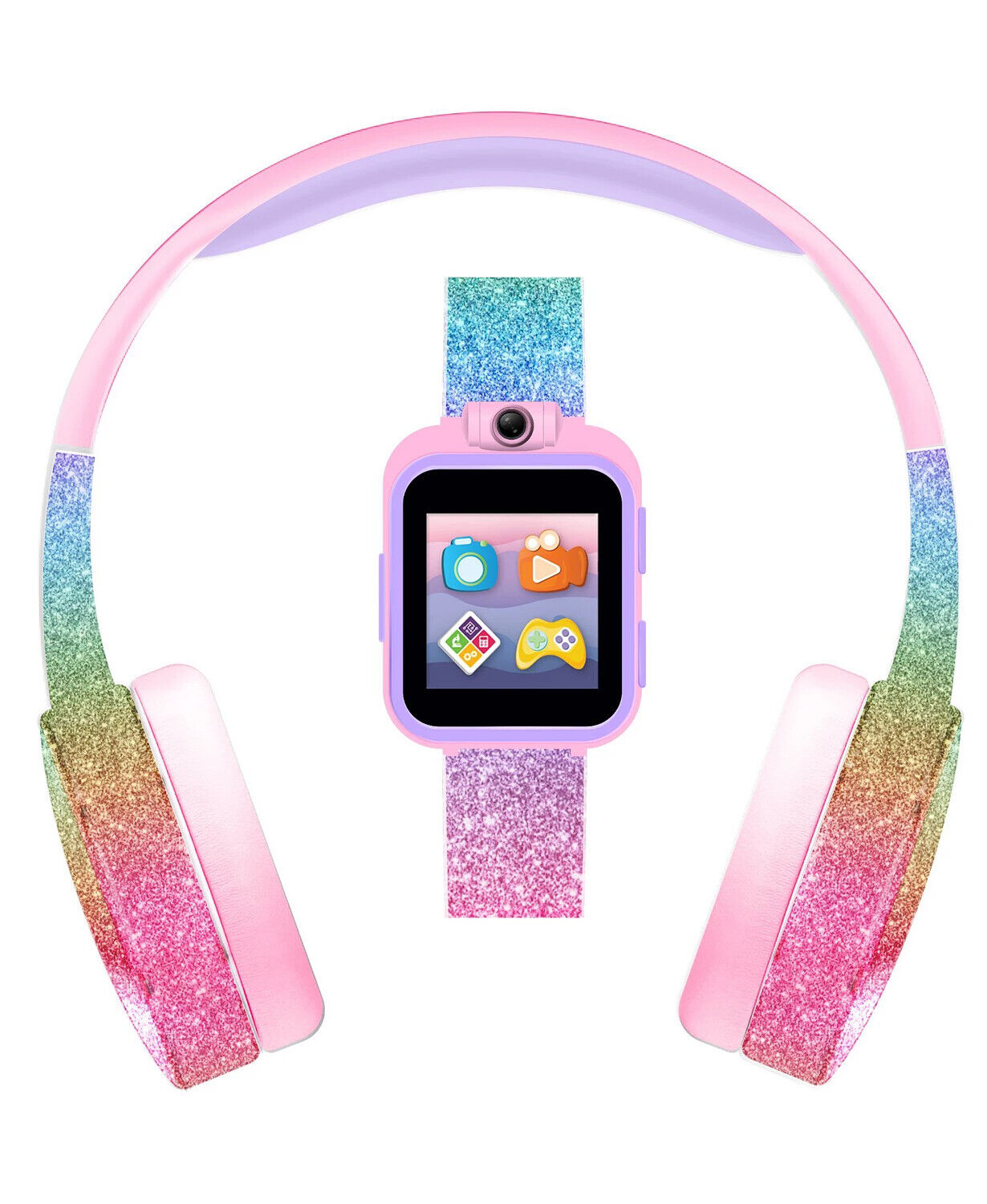 Playzoom Smartwatch With Headphones For Kids: Pink Rainbow Glitter