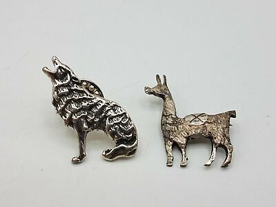 925 Silver Llama & Howling Wolf Textured Pin/lapel Pin 2pc Lot Tt617