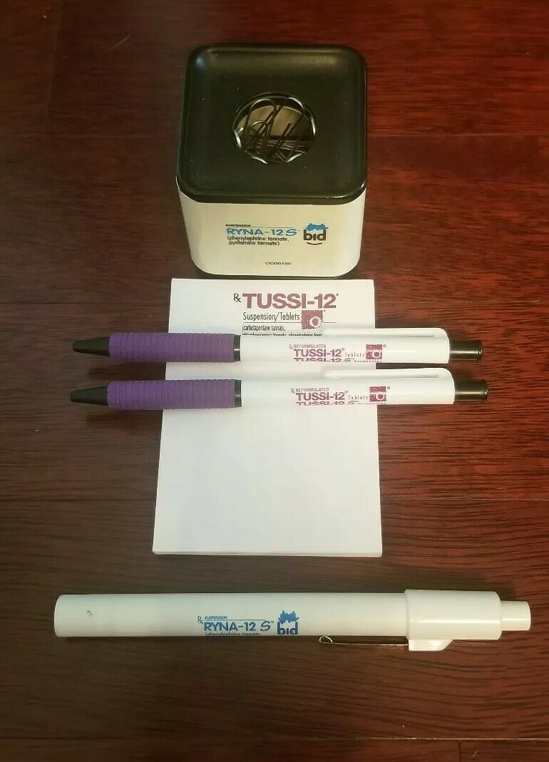 Drug Rep: Tussi-12 Sticky Pad/2 Working  Pen, Ryna12-s Paperclip Holder+flashlig