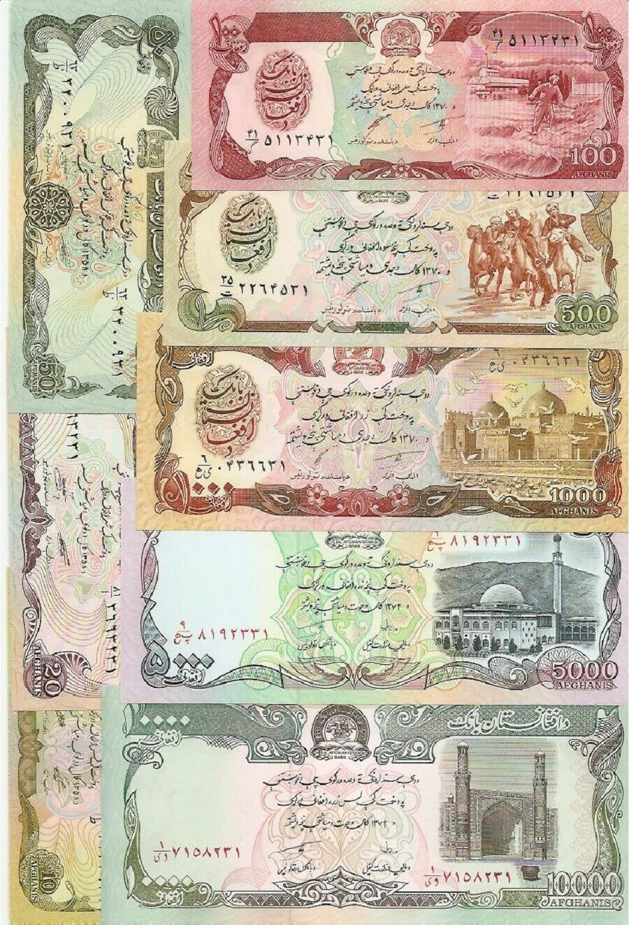Afghanistan 10 20 50 100 500 1k 5k 10k Afghani 1979-93 Set Of 8