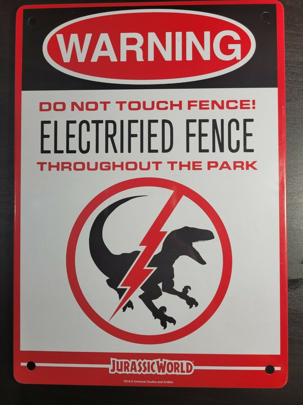 Jurassic World Metal Warning Electric Fence Door Sign Plate Dinosaur