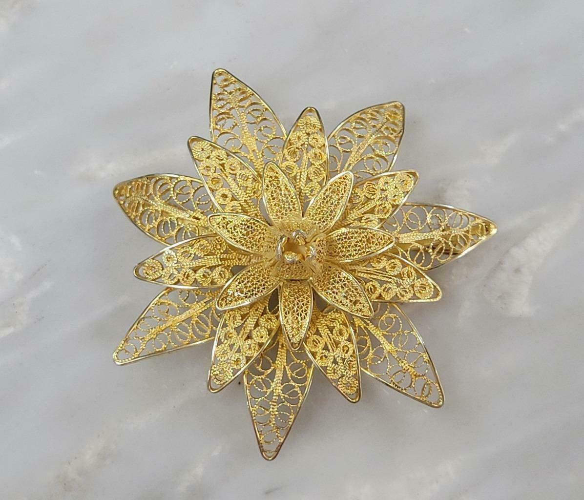 Vintage Gold Plated 800 Silver Filigree Flower Brooch/ Pin ~ 14.3 G ~ 3-i219