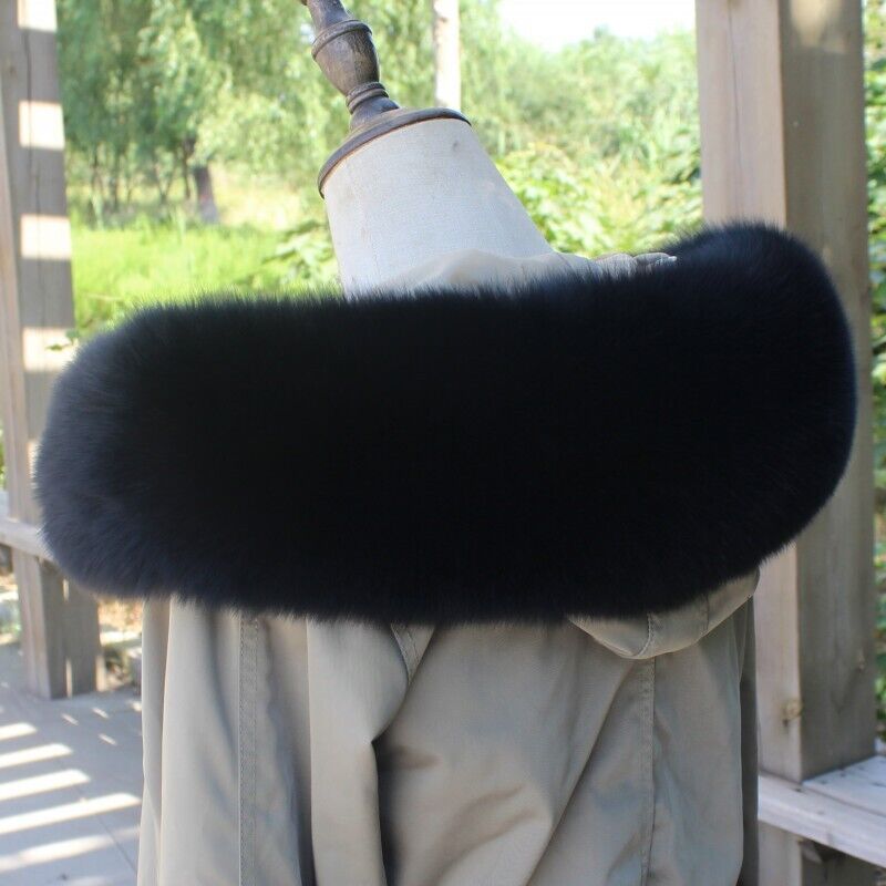 Men's Real Fox Fur Collar For Coat Hooded Parka's Cap Unisex Dedicated Black