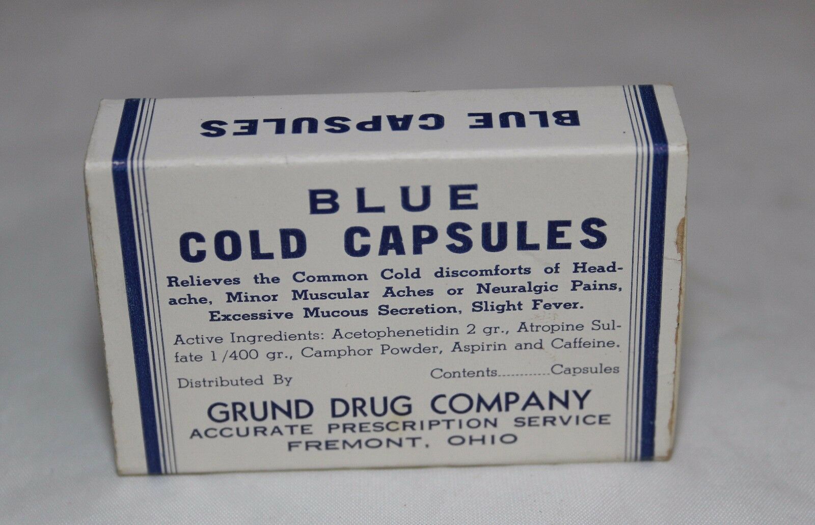 Vintage Blue Cold Capsule Empty Box Grund Drug Company Fremont Ohio Free Ship