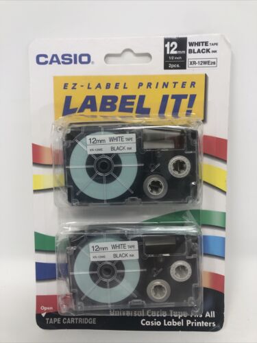 Casio Ez Label Printer Label Cartridge 2 Pk White 12mm Tape Black Ink Xr-12we2s