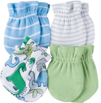 Gerber Newborn Baby Boy's 4-pack Cotton Mittens - Dinosaurs - Blue Green - Nwt