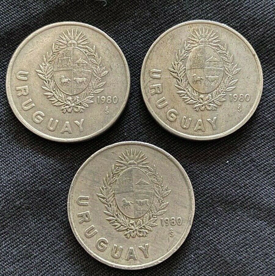 (3) Uruguay 1980s '1 New Peso' One Dollar Copper Nickel Coins