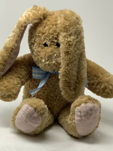 Princess Soft Toys Plush Tan Bunny Soft Stuffed Animal W/ Blue Gingham Bow 16"