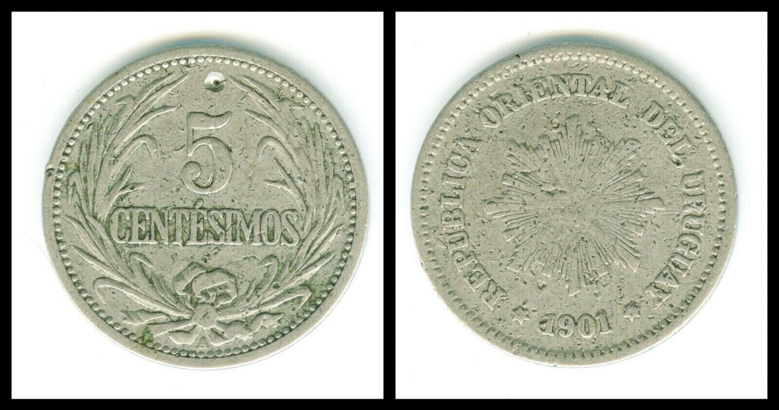 1901 Uruguayan 5 Centesimos Coin Republica Oriental Del Uruguay (fine)