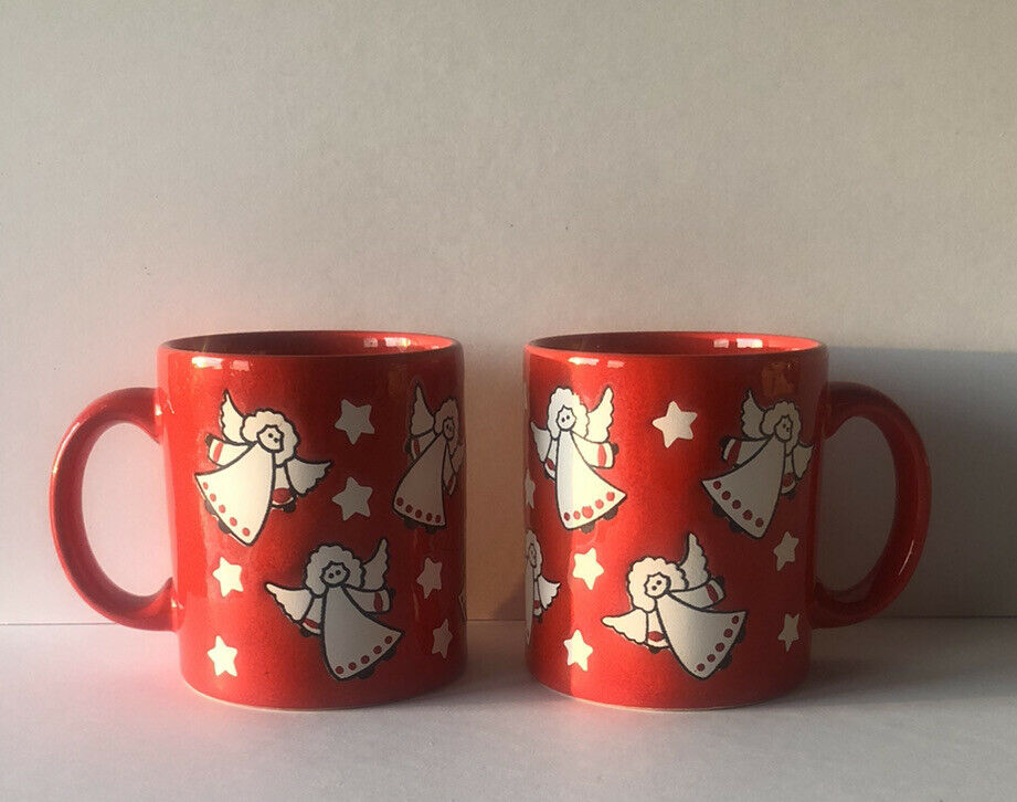 Waechtersbach W. Germany Pair Of Angels & Stars Holiday Christmas Red Mugs