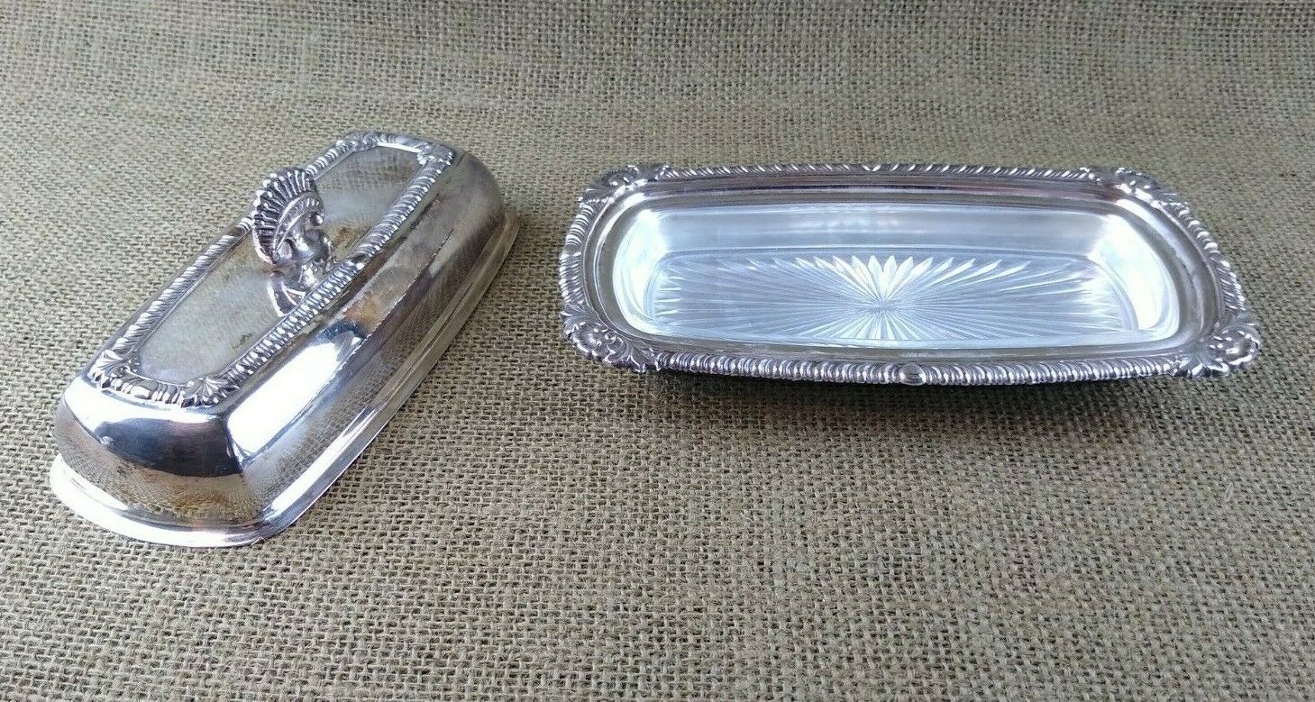 Antique Portsmouth Silverplate Butter Dish With Ornate Glass Insert 1920-30s