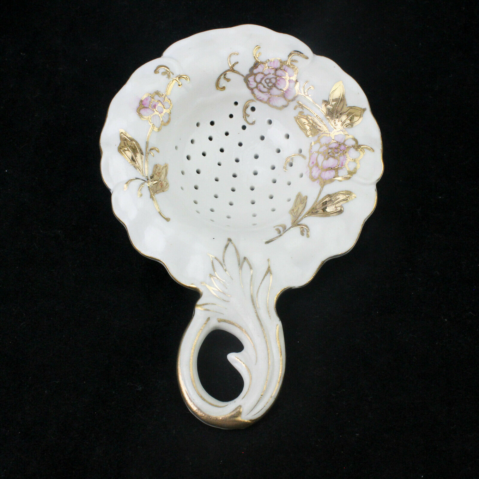 Vintage Porcelain Tea Strainer White With Hand Painted Gold & Pink Flowers