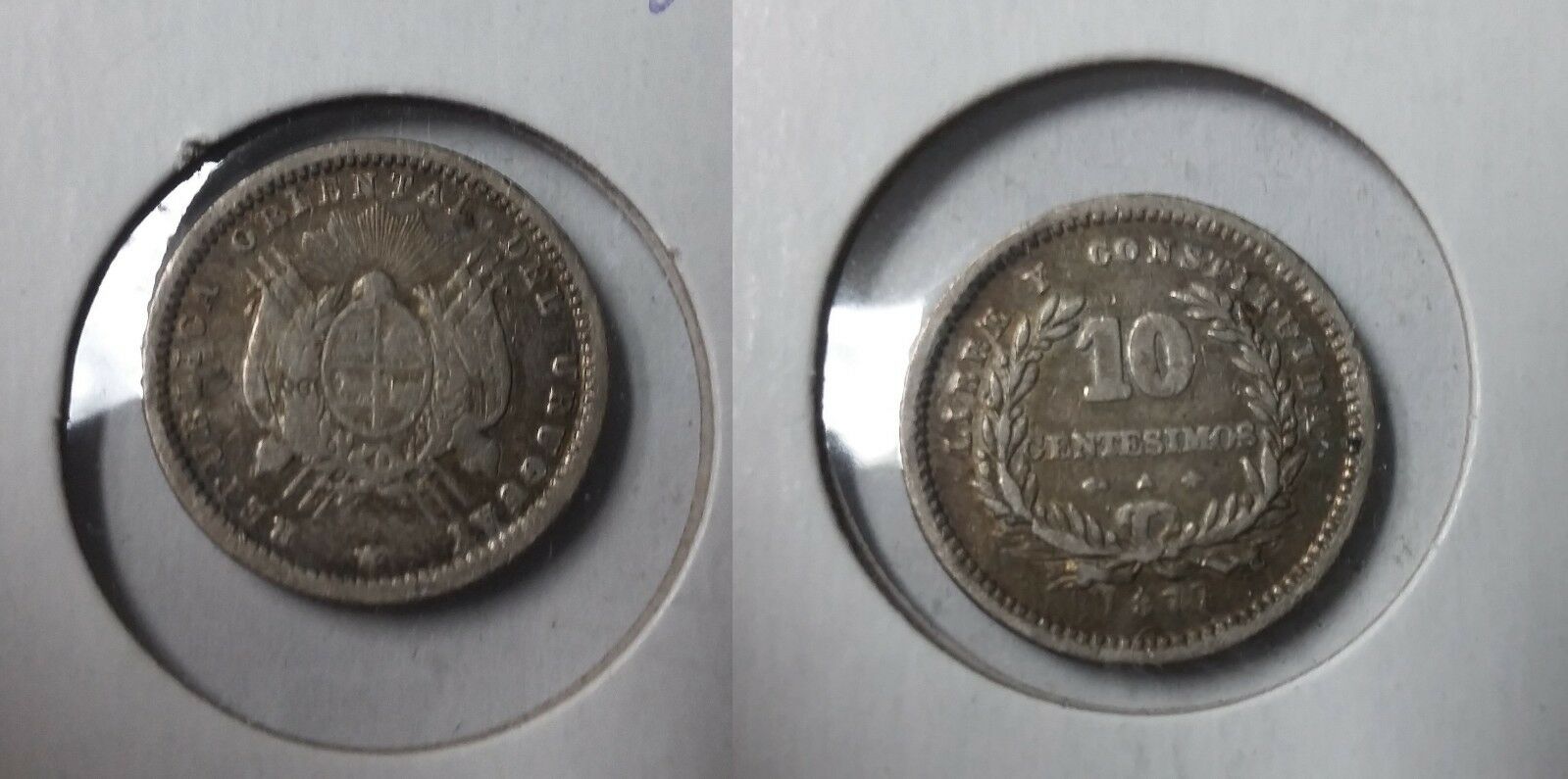 1877 Uruguay Silver 10 C- Nice