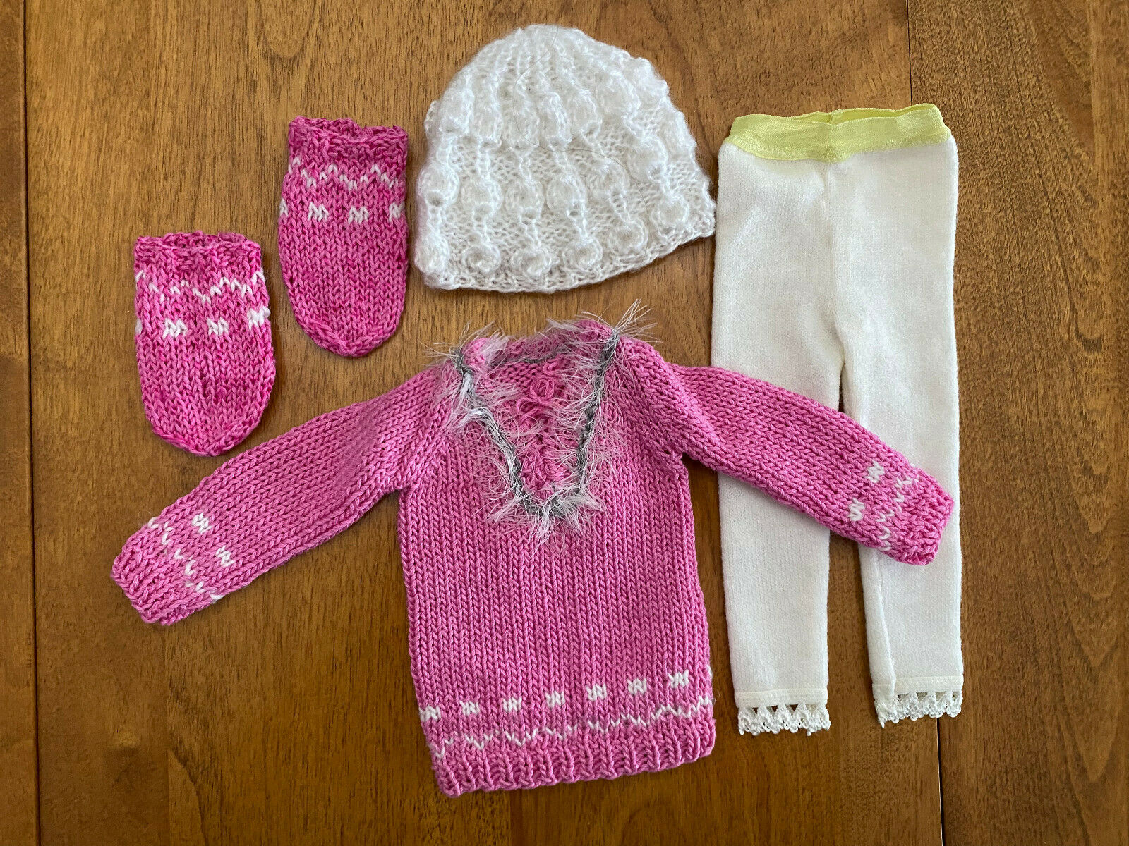 Outfit For Sasha Doll: Pink W White Long Sweater, Hat, Socks, Tights