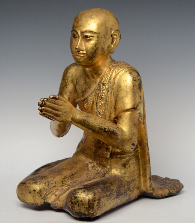 19th Century, Mandalay, Antique Burmese Wooden Seated Disciple